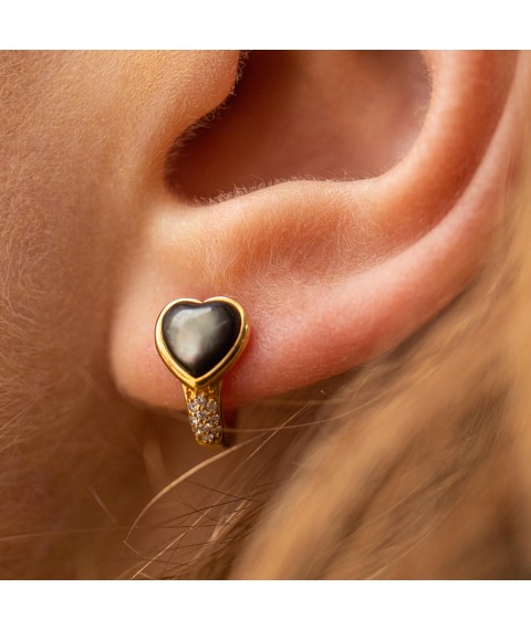 Gold earrings "Hearts" with diamonds and mother of pearl sb0471sc Onyx