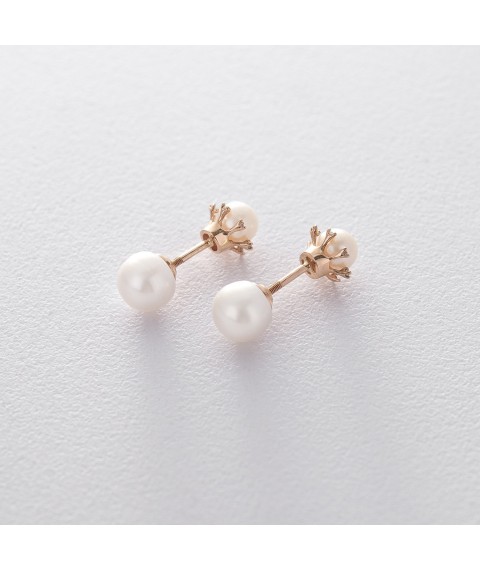 Gold stud earrings (cubic zirconia, cult. fresh pearls) s04116 Onyx