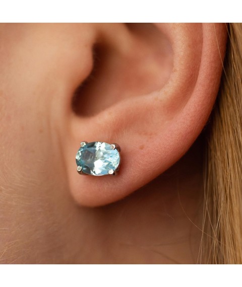 Silver stud earrings with nano aquamarine (6x8 mm) 121962 Onyx