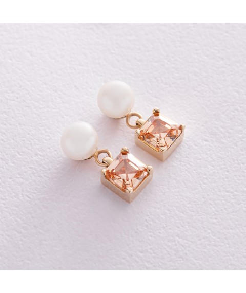 Золоті сережки - пусети "Альма" (помаранчеві фіаніти, перли) с08259 Онікс