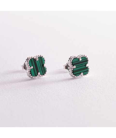 Silver earrings - studs "Clover" with malachite 121815 Onyx