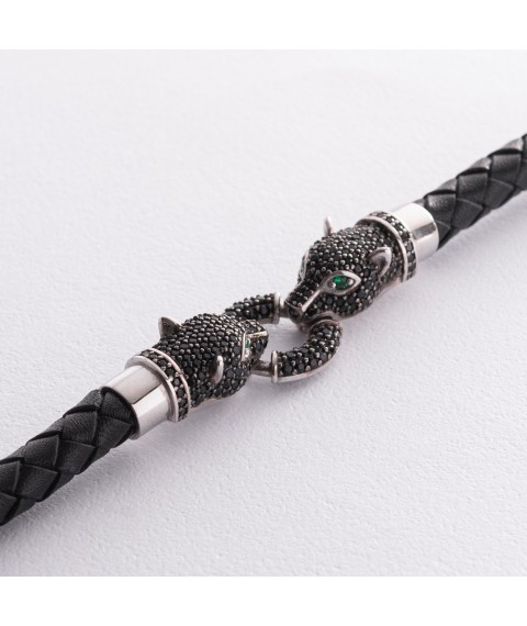 Silver bracelet "Panther" with cubic zirconia (leather) 565L Onyx 19