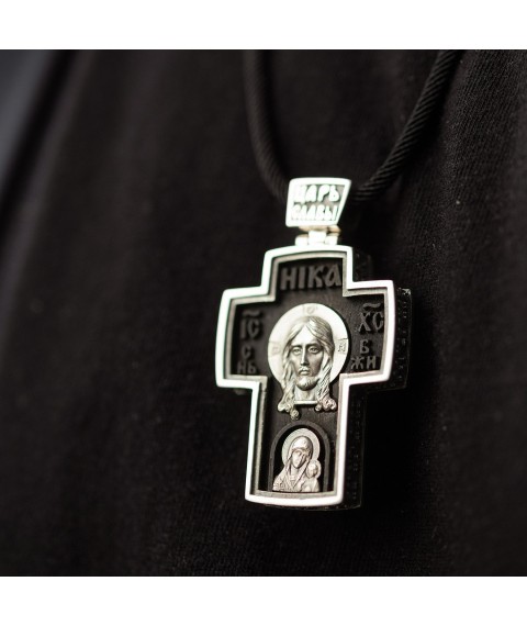 Men's Orthodox cross "Savior Not Made by Hands. Archangel Michael" made of ebony and silver 133230 Onyx