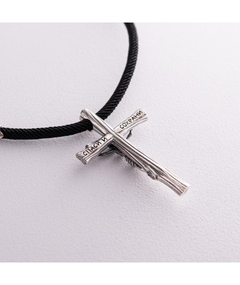 Православный серебряный крест "Распятие. Спаси и Сохрани" на шнурке 848 Онікс  55