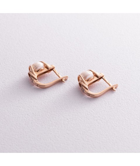 Gold earrings (cult. fresh pearls, cubic zirconia) s04994 Onyx