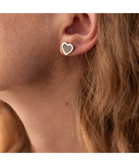 Earrings - studs "Hearts" in white gold (enamel) s08062 Onyx