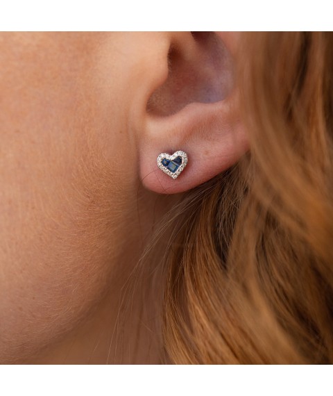 Gold earrings - studs "Hearts" with diamonds and sapphires sb0432ca Onyx