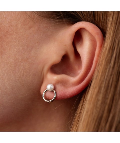Silver stud earrings "Cycle" with pearls 123277 Onyx