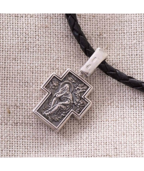 Срібний православний хрестик з чорнінням "Господь Вседержитель. Пророк Ілля в пустелі" 13660 Онікс