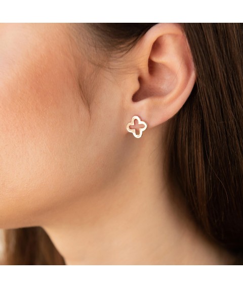 Earrings - studs "Clover" in red gold s06965 Onyx