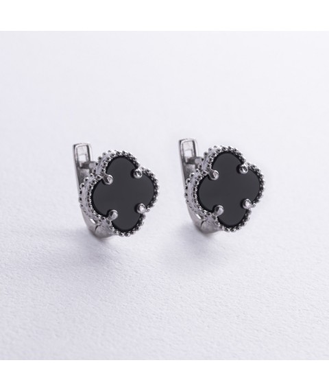 Silver earrings "Clover" with onyx 122003 Onyx