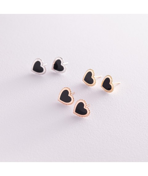 Gold earrings - studs "Hearts" (enamel) s08035 Onyx