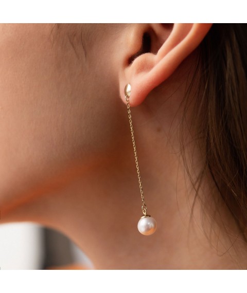 Earrings - studs "Pearl on a chain" in yellow gold s08294 Onyx