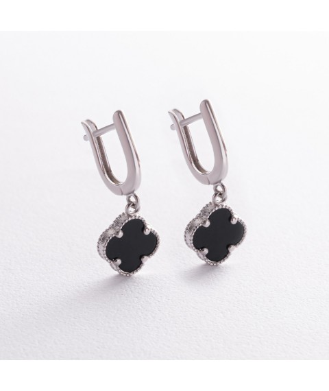 Silver earrings "Clover" (onyx) 122809m Onyx