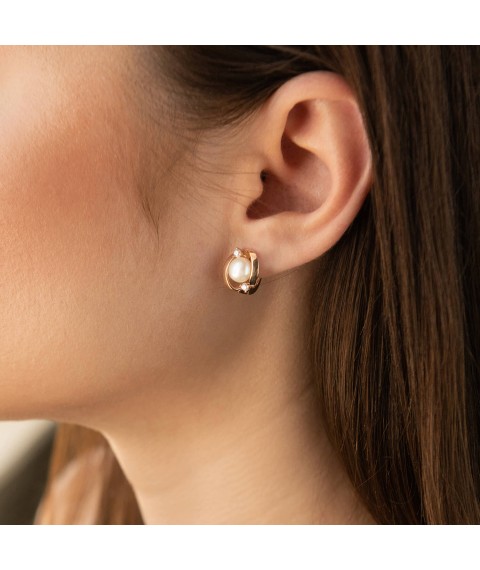 Gold earrings with cult. fresh pearls and cubic zirconia s05238 Onyx