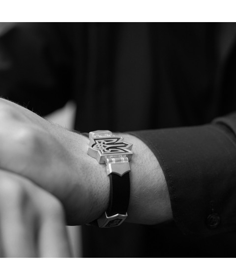 Мужской серебряный браслет "Герб Украины - Тризуб" (кожа, эбен) 1079 Онікс 22