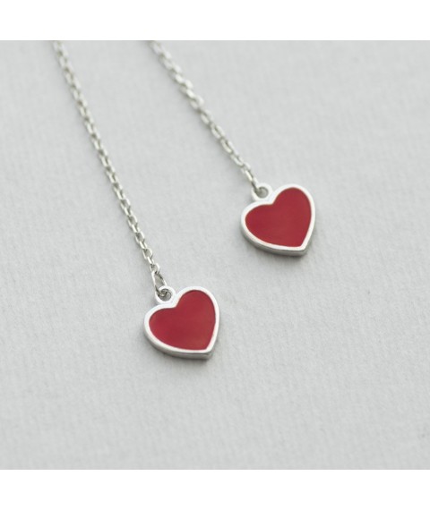 Silver earrings "Hearts" on a chain (enamel) 122304 Onyx