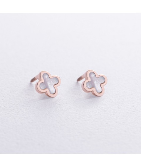 Gold earrings - studs "Clover" with mother-of-pearl s08368 Onyx