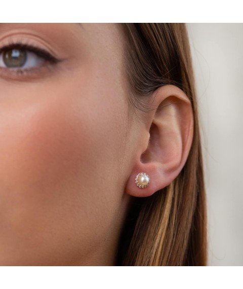 Gold earrings - studs with pearls and cubic zirconia s08167 Onyx