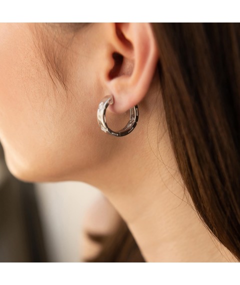 Silver earrings - rings "Clover" with cubic zirconia 123262 Onyx