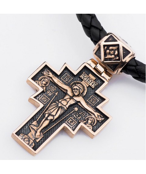 Золотой крестик "Распятие. Икона Божией Матери "Неопалимая Купина" п02636 Онікс