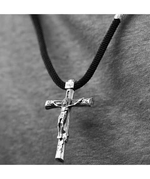 Православный серебряный крест "Распятие. Спаси и Сохрани" на шнурке 848 Онікс  65