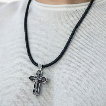 Чоловічий православний хрест "Розп'яття. Спаси і Збережи" з ебенового дерева та срібла 1214 Онікс