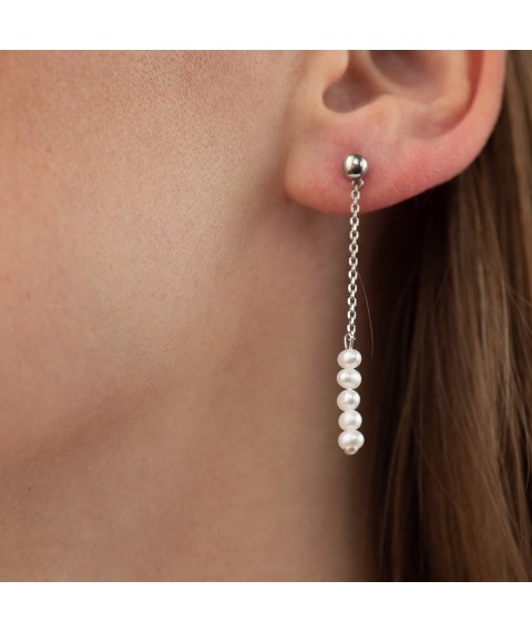 Silver earrings - studs with pearls on a chain 2339/1р-PWT Onix
