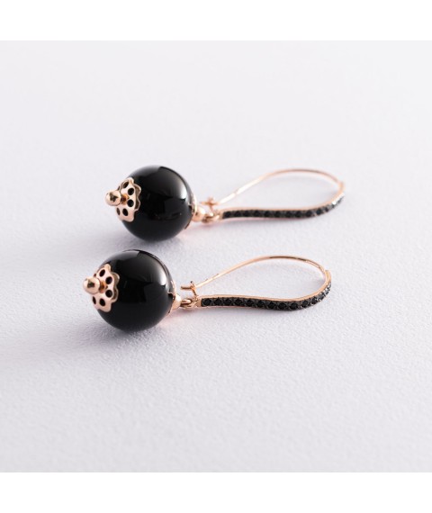 Gold earrings with agate and cubic zirconia 459093 Onyx