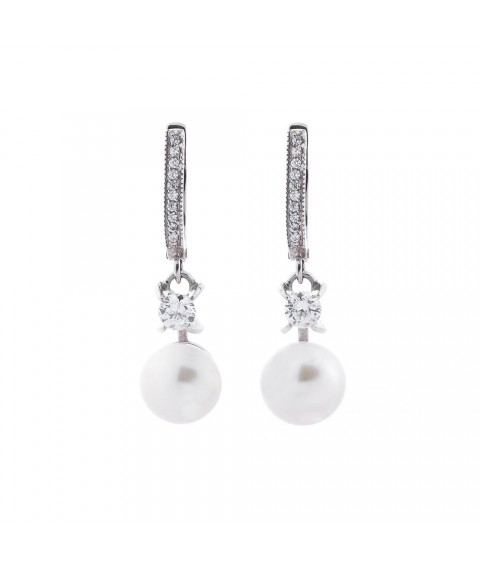 Gold earrings with cubic zirconia and cult. fresh pearls s02893 Onyx