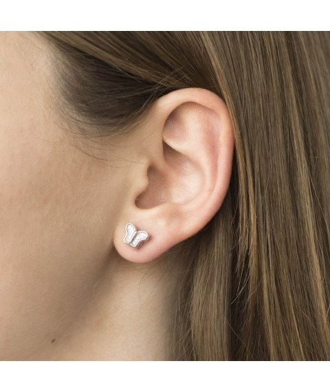 Silver stud earrings "Butterflies" with cubic zirconia 121674 Onyx
