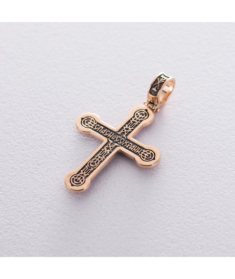 Золотой православный крест "Распятие. Спаси и Сохрани" с чернением п02823 Онікс