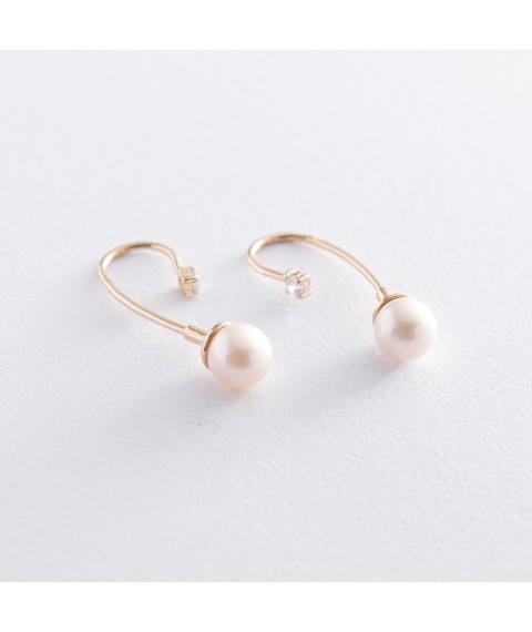 Gold earrings "Muse" (cubic zirconia, cult. fresh pearls) s06735 Onyx