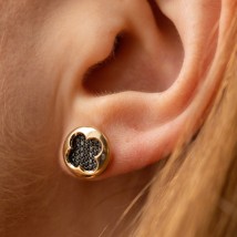 Gold earrings - studs "Clover" with black diamonds 341161622 Onyx