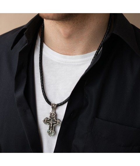 Чоловічий православний хрест "Розп'яття. Спаси та Збережи" з ебенового дерева та срібла 624 Онікс