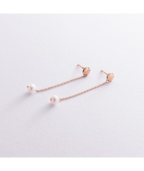 Earrings - studs "Pearl on a chain" in red gold s08292 Onyx
