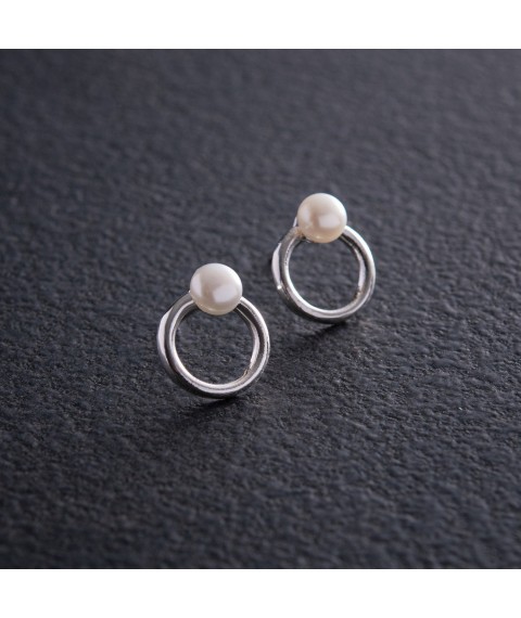 Срібні сережки - пусети "Кругообіг" з перлами 123277 Онікс