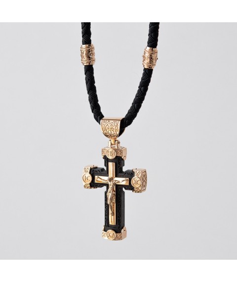 Чоловічий православний хрест з ебенового дерева та золота "Розп'яття. Спаси та Збережи" (на шнурку) кол02244 Онікс