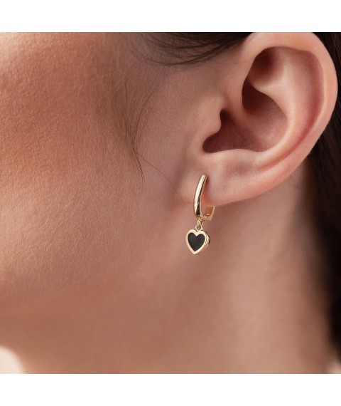 Earrings "Hearts" in yellow gold (enamel) s08339 Onyx