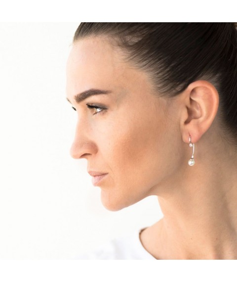 Silver earrings for women (cubic zirconia, artificial pearls) 121310 Onyx