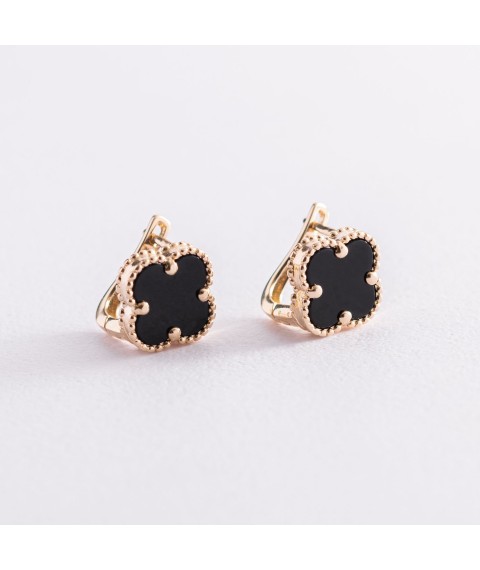 Gold earrings "Clover" with onyx s06169 Onyx