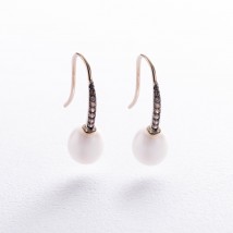Gold earrings - loops "Olivia" with pearls and cubic zirconia s08514 Onyx