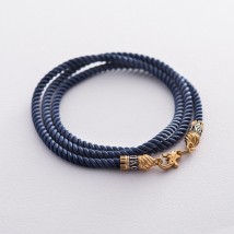 Шелковый синий шнурок "Спаси и сохрани" с серебряной позолоченной застежкой (3мм) 18442 Онікс  45