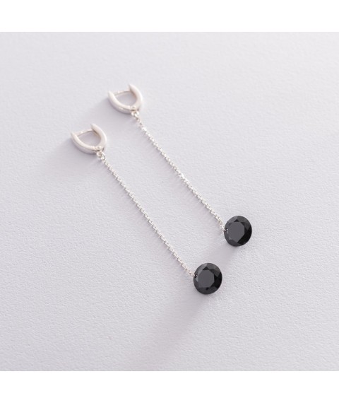 Silver earrings with black stones on a chain 122926 Onyx