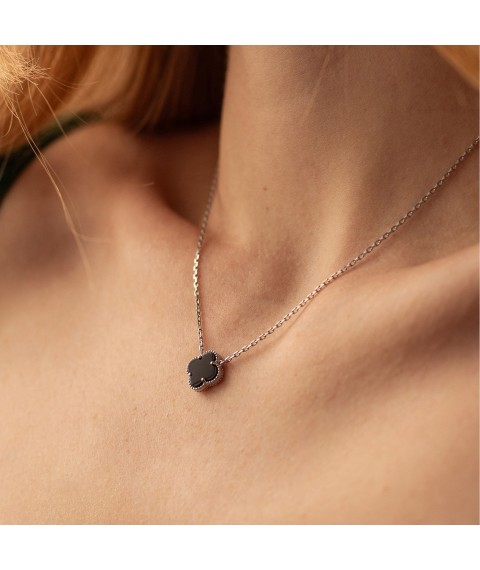 Silver necklace "Clover" (synthetic onyx) 128245 Onyx 40