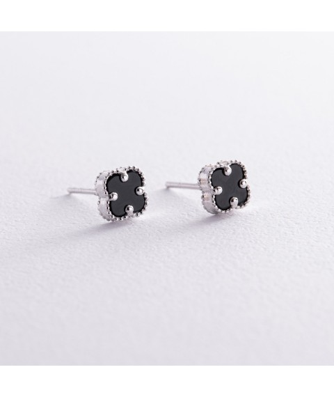 Earrings - studs "Clover" with onyx mini (white gold) s08414 Onyx