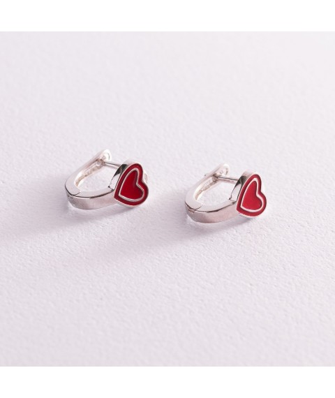 Children's silver earrings "Hearts" (enamel) 123086 Onyx