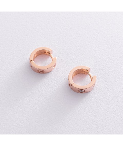 Earrings - rings "Love" in red gold (cubic zirconia) C1004 Onix