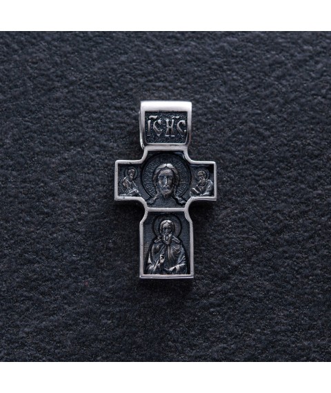 Silver Orthodox cross "Savior Not Made by Hands. St. Nicholas the Wonderworker. George the Victorious" 133229 Onyx