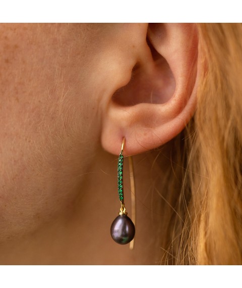 Gold earrings - loops "Olivia" with pearls and cubic zirconia s08517 Onyx